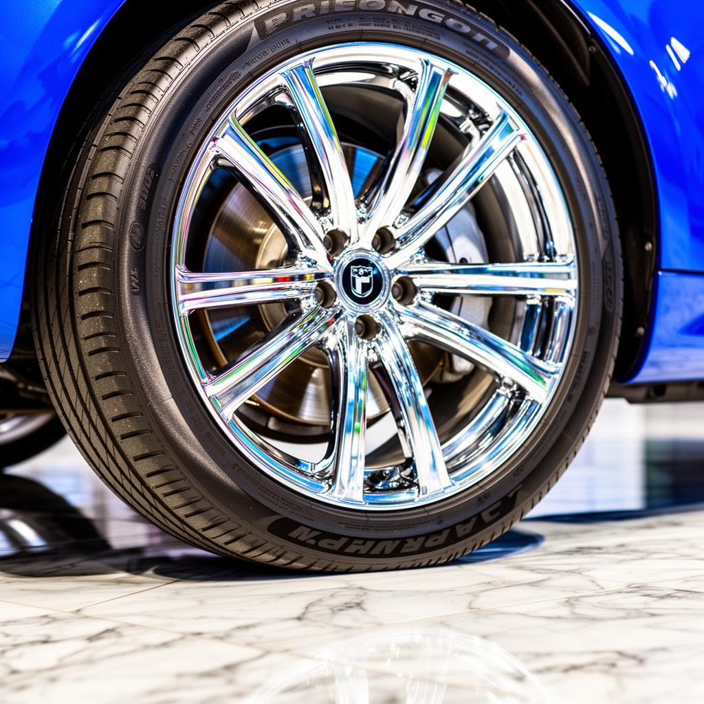 Detail of a luxury car wheel on marble flooring