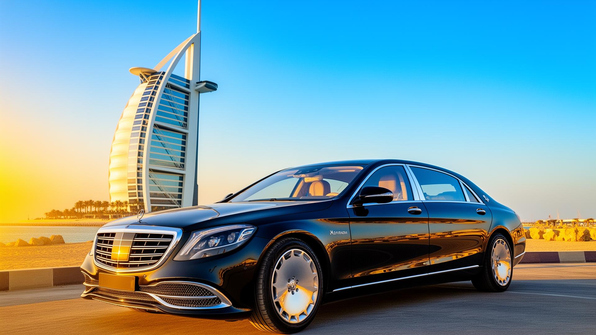 Interior of a luxury chauffeur car at night with Dubai skyline